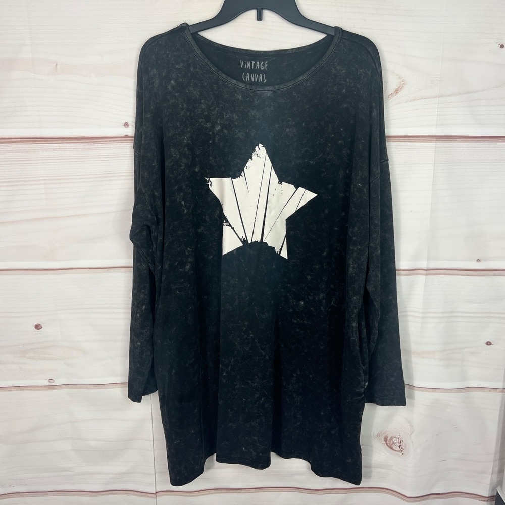 Vintage Canvas Dress Womens Medium Black Acid Wash Mini Star Graphic Long Sleeve